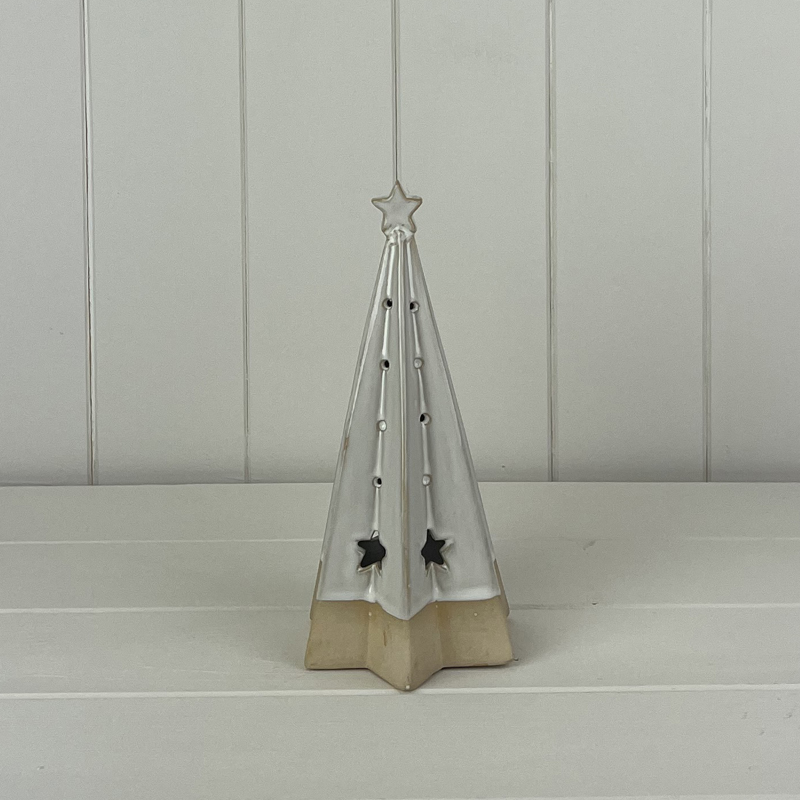 Small Off White Ceramic Tree Ornament with Cut Out Star Detail detail page